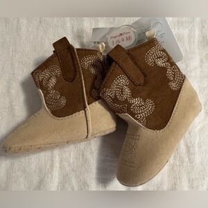 Stepping Stones Brown and Cream Soft Baby Walker Cowboy Boot Shoes - 6-9 months